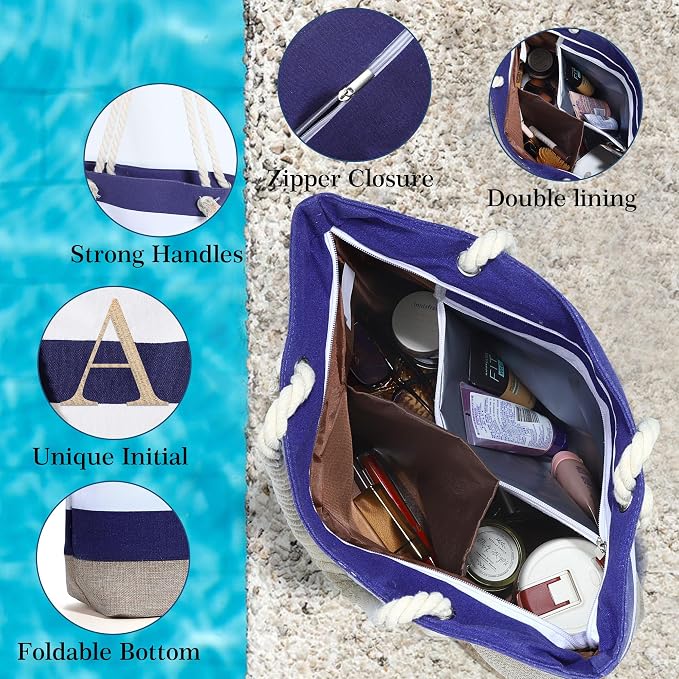 YOOLIFE Initial Canvas Waterproof Beach Tote Bag Zipper Personalized Gifts