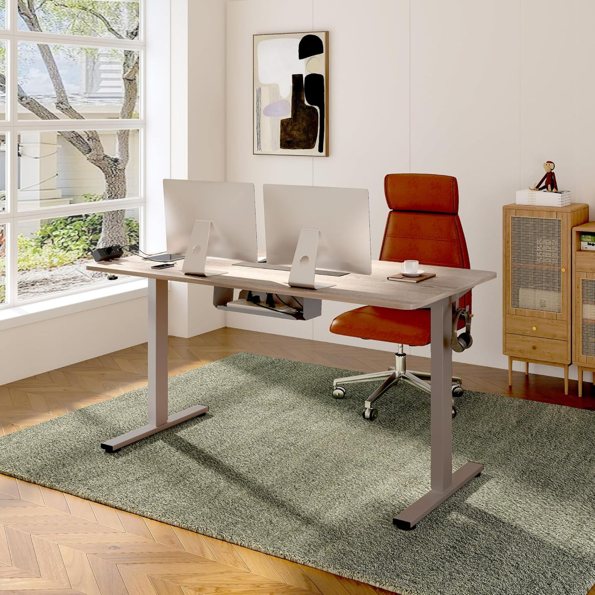 FLEXISPOT EN2 Whole-Piece Standing Desk with Clamp Power Strip, 48 x 30 Electric Stand Up Height Adjustable Desk with Cable Management (Gray Frame + 48" Gray Wood Grain Desktop, 2 Packages)