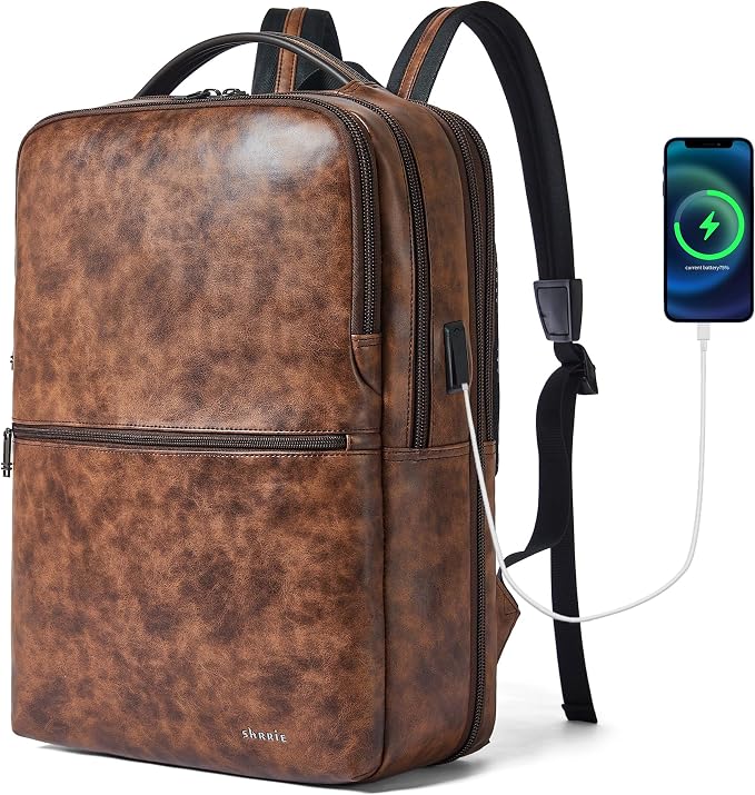 Vegan Leather Laptop Backpack for Women&Men, 16 Inch Expandable Backpack