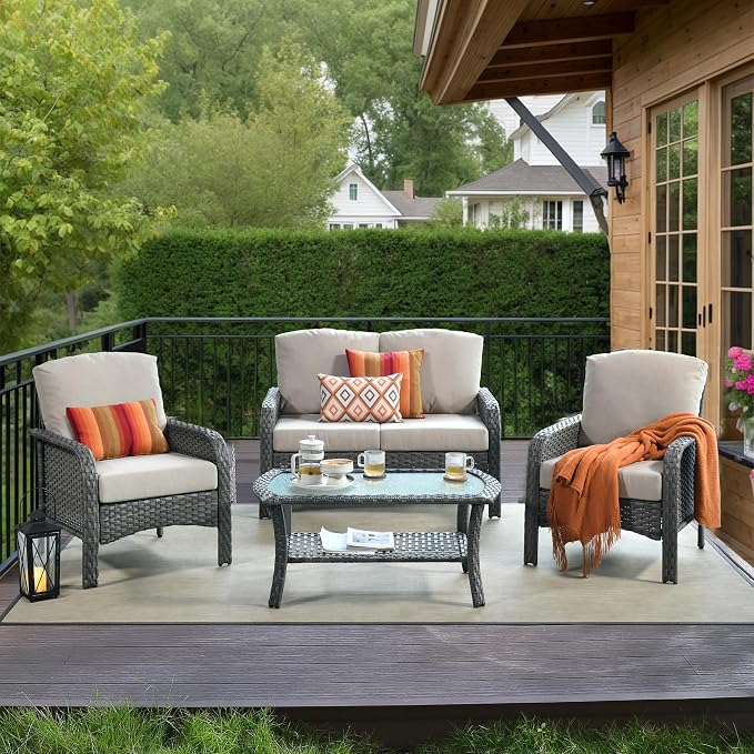 HOOOWOOO Patio Furniture Set, 4 Pieces Outdoor Conversation Set, All Weather