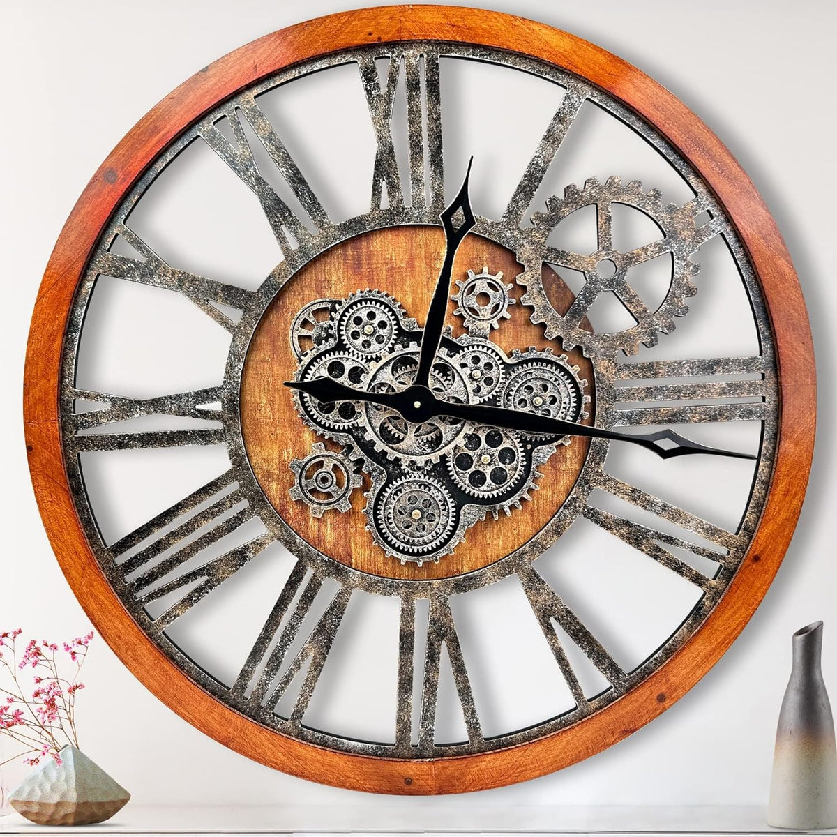 The B-Style Large Wall Clock 36 inch Moving Gear Wall Clock Oversized Vintage Farmhouse Wall Clocks for Living Room Decor Rustic Industrial Wood Clock (Brown and Bronze)