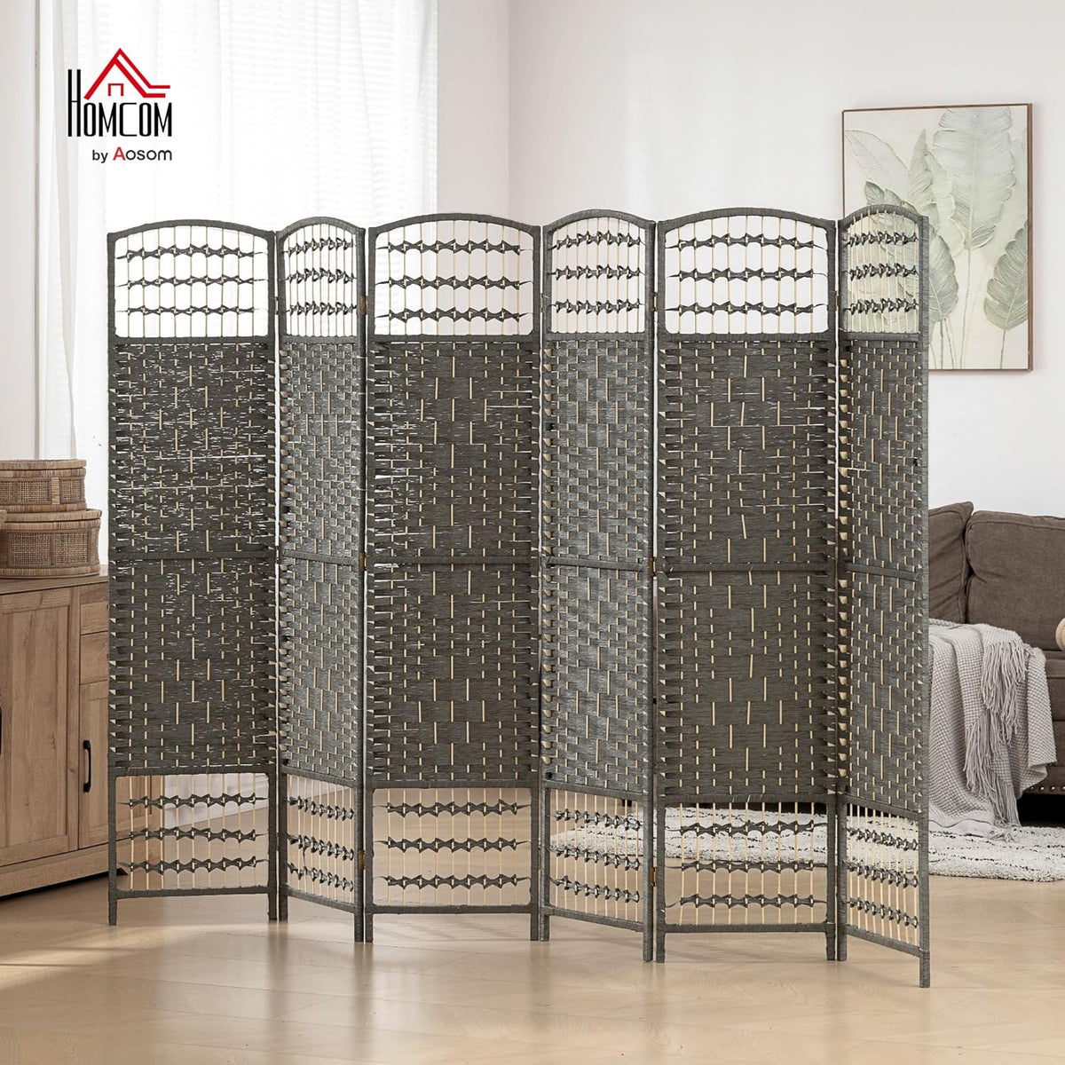 HOMCOM 6 Panel Room Divider, Folding Privacy Screen, 5.6' Room Separator, Wave Fiber Freestanding Partition Wall Divider, Dark Gray