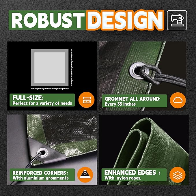 16x20 Feet Tarp Waterproof, 9Mil Thick, Finished Size Tarps, UV Resistant