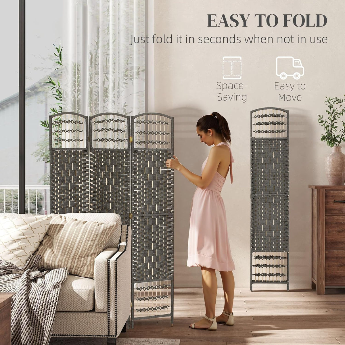 HOMCOM 3 Panel Room Divider, Folding Privacy Screen, 5.6' Room Separator, Wave Fiber Freestanding Partition Wall Divider, Dark Gray