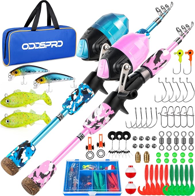 ODDSPRO Kids Fishing Pole Pink, Portable Telescopic Fishing Rod and Reel Combo