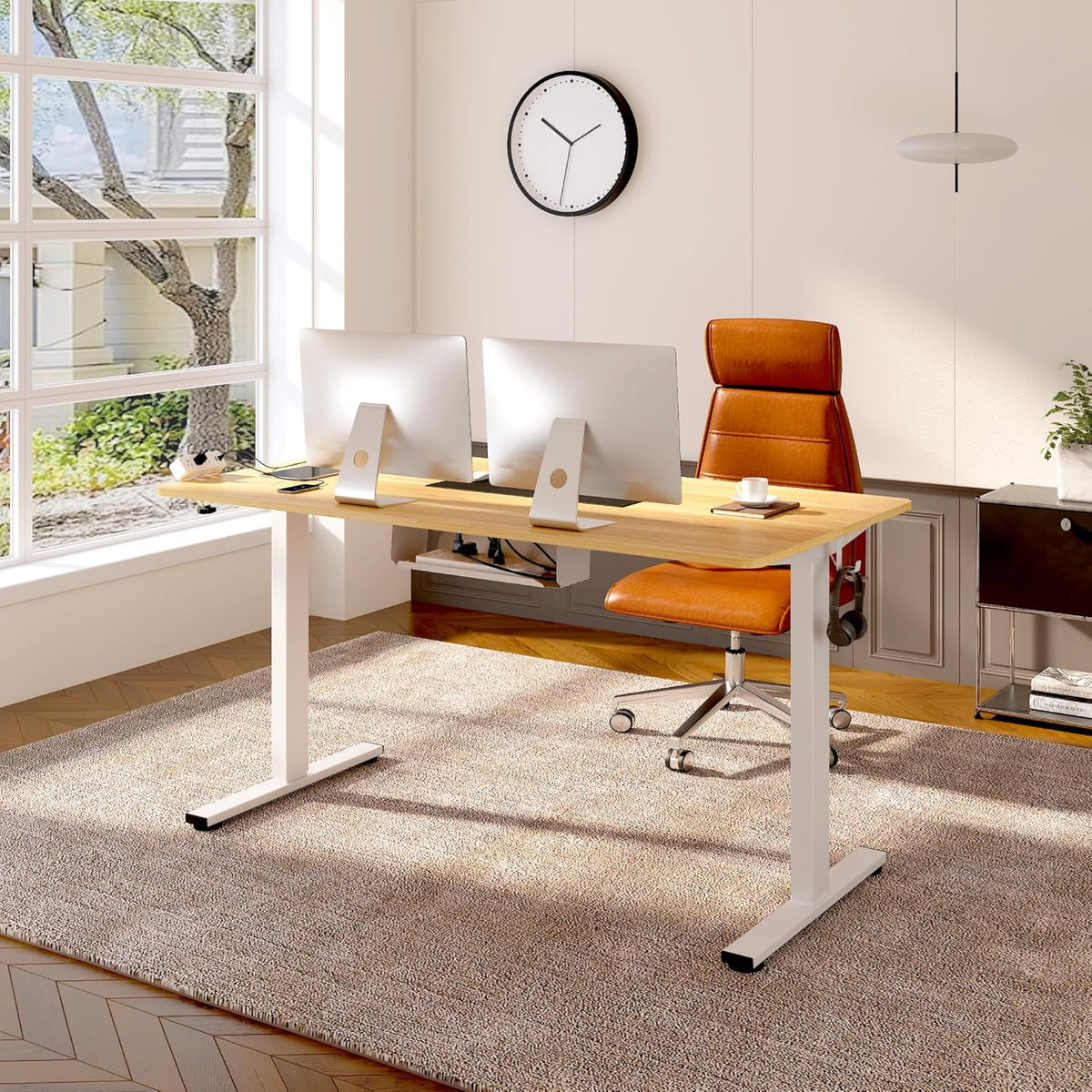 FLEXISPOT EN2 Whole-Piece Standing Desk with Clamp Power Strip, 48 x 24 Electric Stand Up Height Adjustable Desk with Cable Management (White Frame + 48" Maple Top)
