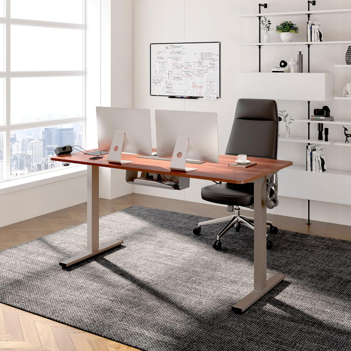 FLEXISPOT EN2 Whole-Piece Standing Desk with Clamp Power Strip, 60 x 24 Electric Stand Up Height Adjustable Desk with Cable Management (Gray Frame + 60" Mahogany Top, 2 Packages)