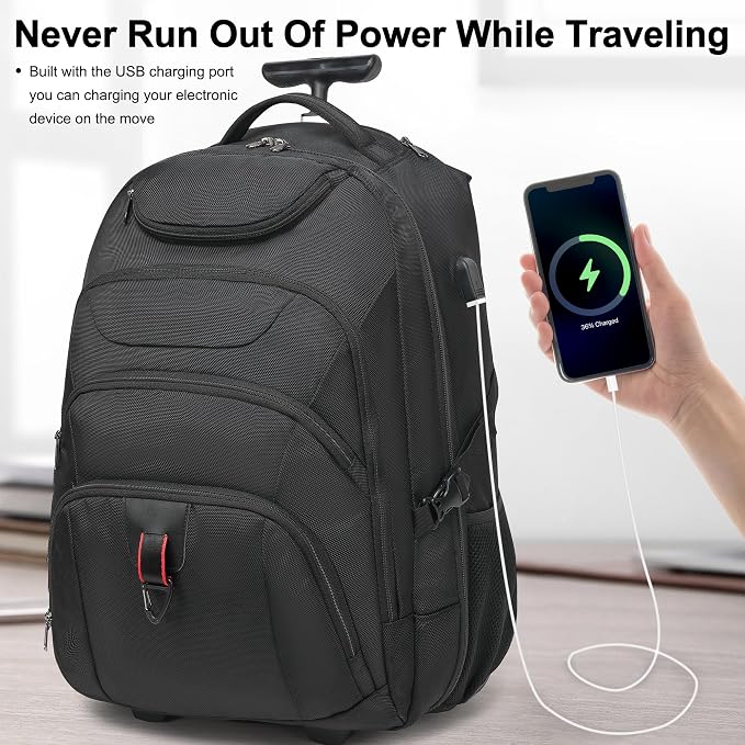Boavan Wheeled Backpack, 18.4 inch Water Resistant Rolling Backpack, Carry on