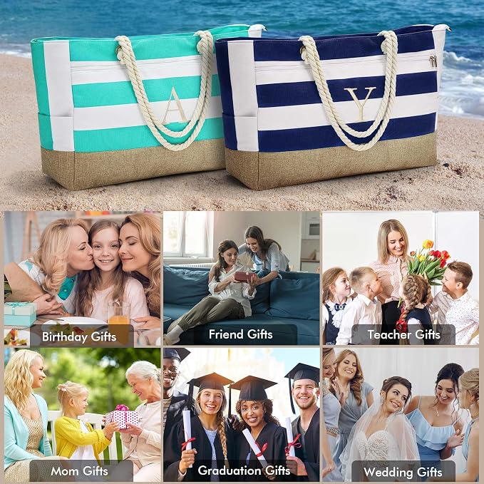 YOOLIFE Large Initial Beach Bag Waterproof Tote Zipper Bag Personalized Gifts