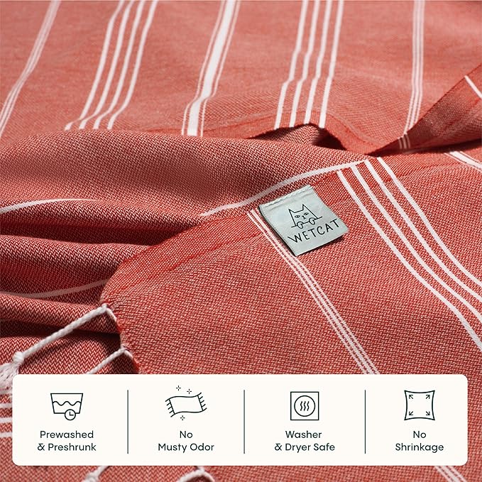 WETCAT Turkish Beach Towel Oversized (38"x71") 100% Turkish Cotton, Made in Turkey - Sand Free, Extra Large, Ultra Soft, Quick Drying, Compact & Lightweight for Travel - Red