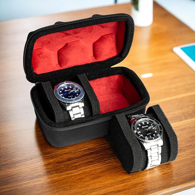 Hard Compact Watch Roll travel case, 2 Slots Portable holder and Organizer