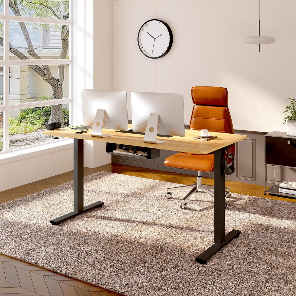 FLEXISPOT EN2 Whole-Piece Standing Desk with Clamp Power Strip, 48 x 24'' Electric Stand Up Height Adjustable Desk with Cable Management (Black Frame + 48" Maple Desktop, 2 Packages)