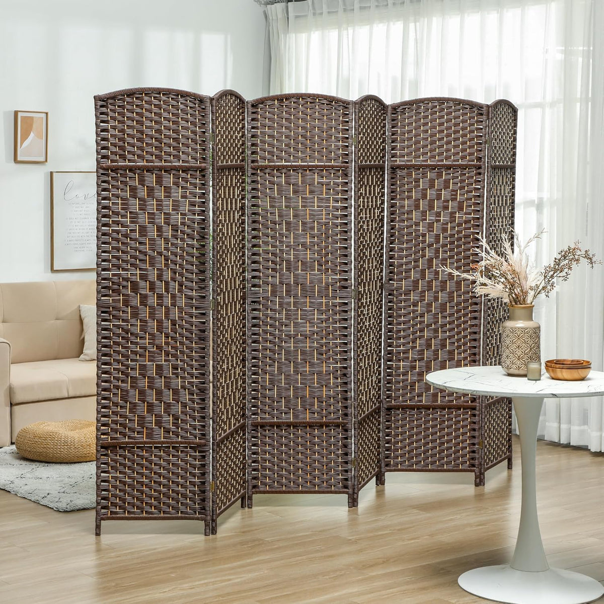 HOMCOM 6 Panel Room Divider, 6' Tall Folding Privacy Screen, Hand-Woven Freestanding Wall Partition for Home Office, Bedroom, Brown