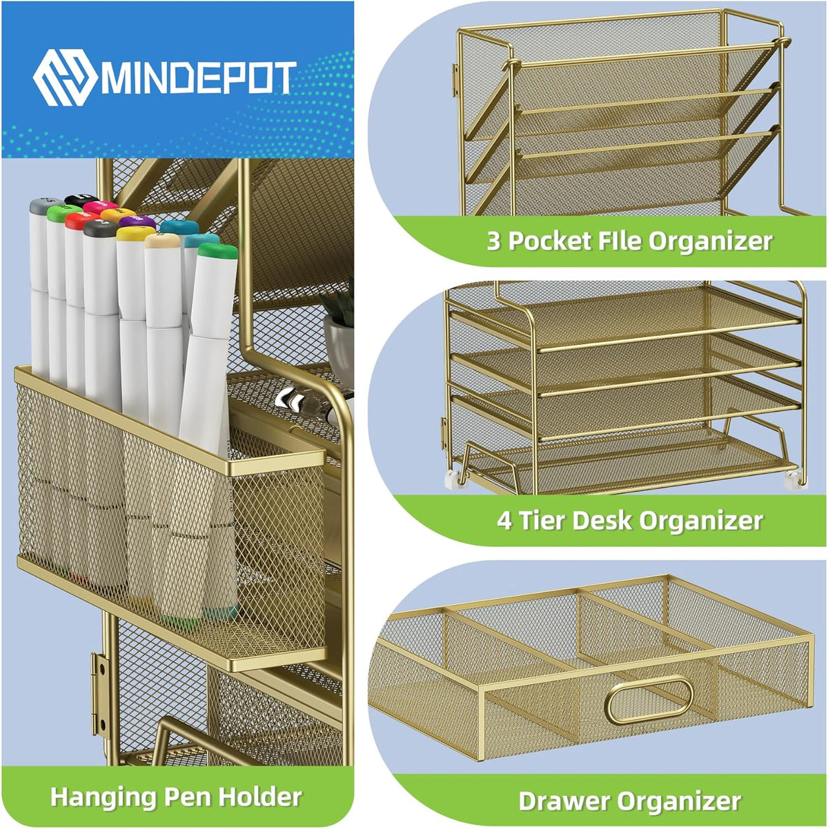 4-Tier Paper Organizer + 3-Pocket File Holder + Drawer + Pen Holders, Desktop File Organizers Paper Tray for Office Supplies School Classroom Organization (Gold, with Drawer & Pen Holder)
