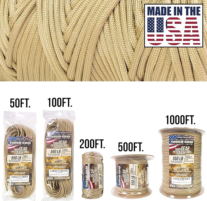 TOUGH-GRID 550 Paracord Rope Nylon Parachute Cord, Made in USA Survival Kit
