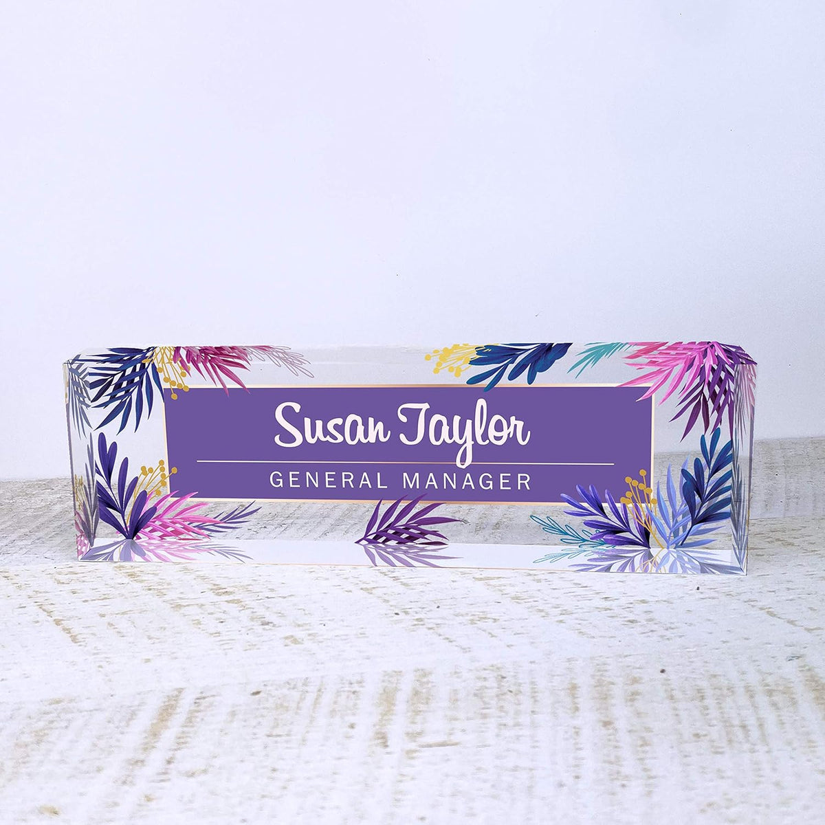 Artblox Office Desk Name Plate Personalized | Custom Name Plates for Desks | Purple Leaf Design On Clear Acrylic Glass | Office Desk Decor - (8" x 2.5")