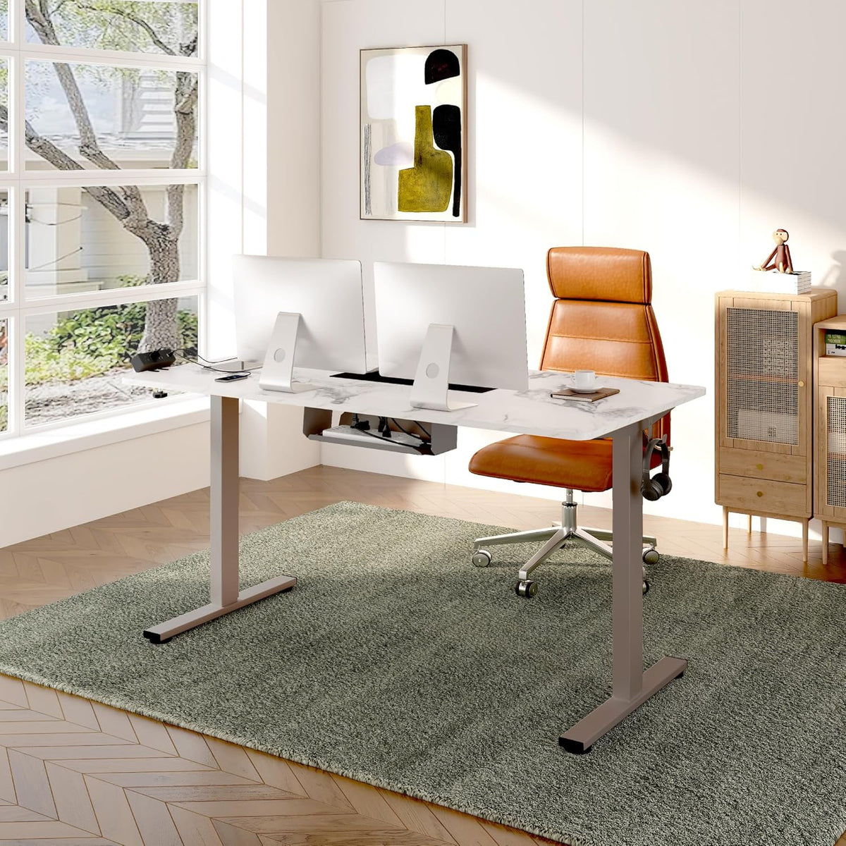 FLEXISPOT EN2 Whole-Piece Standing Desk with Clamp Power Strip, 55 x 28 Electric Stand Up Height Adjustable Desk with Cable Management (Gray Frame + 55" Marble Grey Top, 2 Packages)