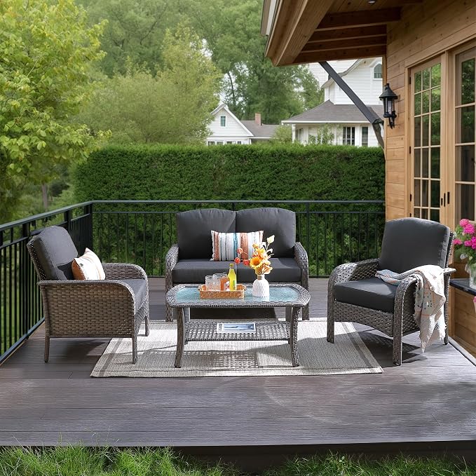 HOOOWOOO Patio Furniture Set, 4 Pieces Outdoor Conversation Set, All Weather