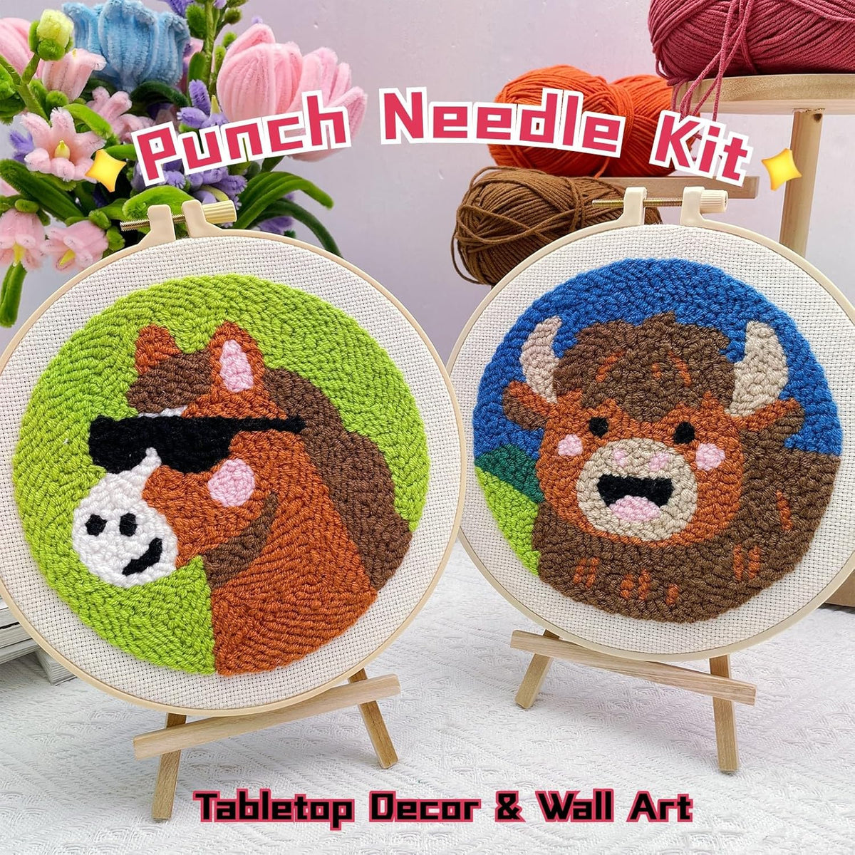 Punch Needle Kit for Adult Beginner, 2Pcs Horse & Highland Cow Punch Embroidery Starter Kit – Easy Yarn Stitch Set with Instructions – Fun Needle Point Craft for Home Decor &Gift Idea