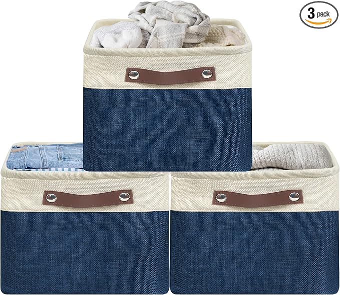 SIMPLE HOUSEWARE Large Fabric Storage Bin, 3 Pack, Steel Blue