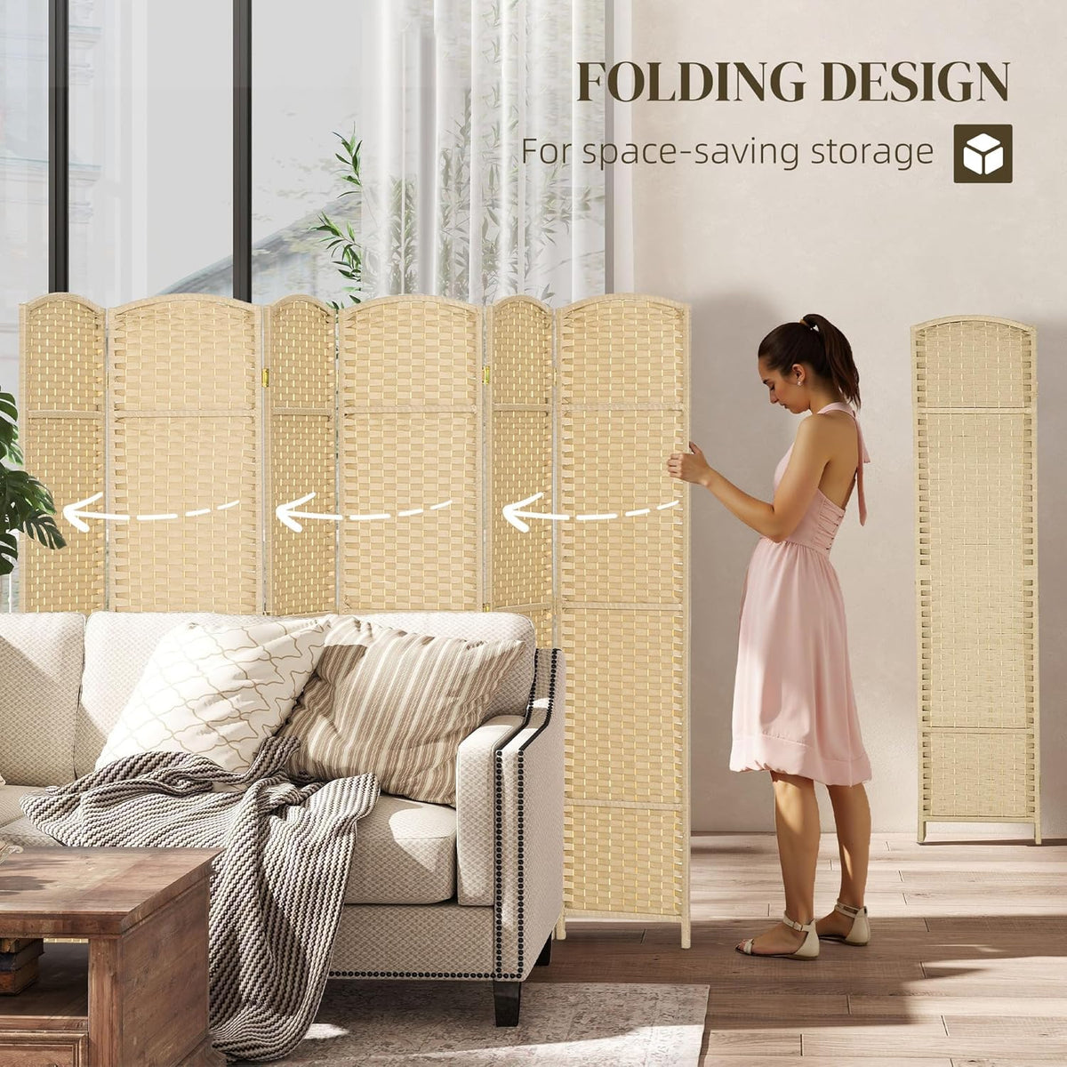 HOMCOM Room Divider, 6 Panel Folding Privacy Screen, 5.6' Tall Freestanding Wall Partition for Home Office, Bedroom, Beige