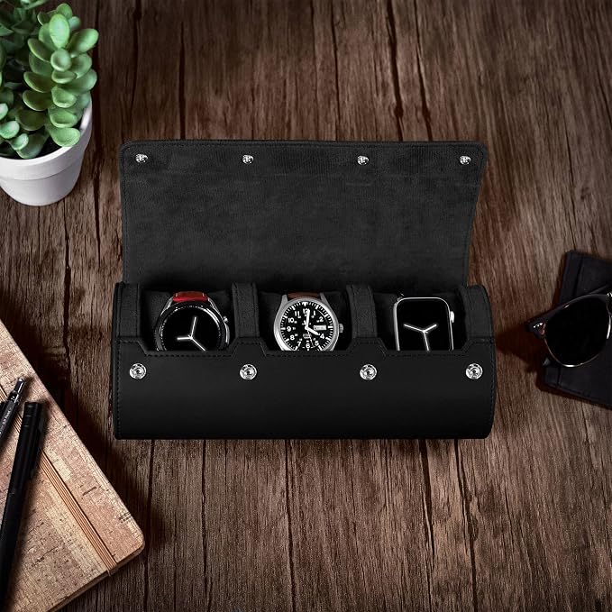 Barton Leather Watch Roll for 3 Watches | Convenient Organizer Case for Travel