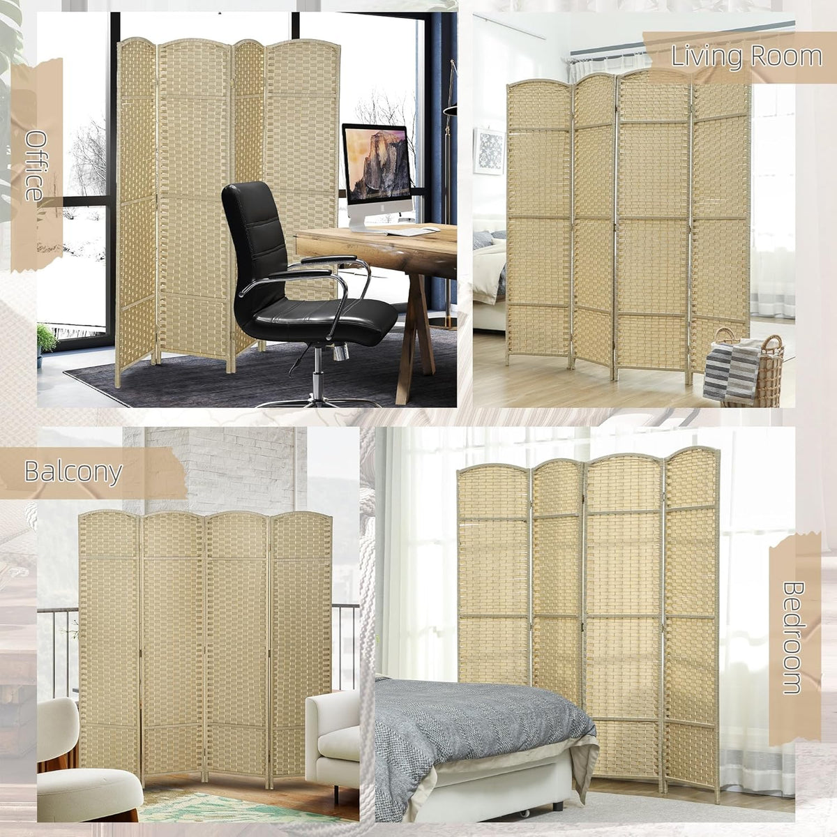 HOMCOM Room Divider, 4 Panel Folding Privacy Screen, 5.6' Tall Freestanding Partition for Home Office, Bedroom, Beige