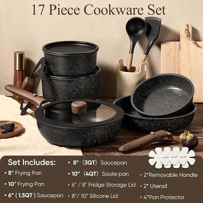 CAROTE 17pcs Pots and Pans Non Stick, Cookware Sets Detachable Handle,