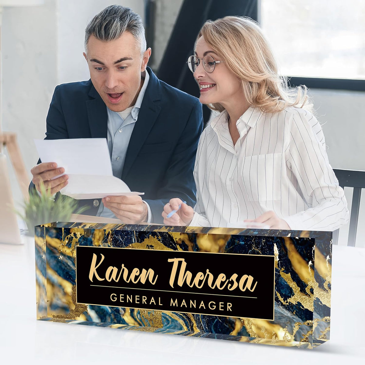 Custom Office Name Plate, Personalized Gifts for Men, Appreciation Gifts for Employees - Office Desk Accessory (Black Gold Marble)