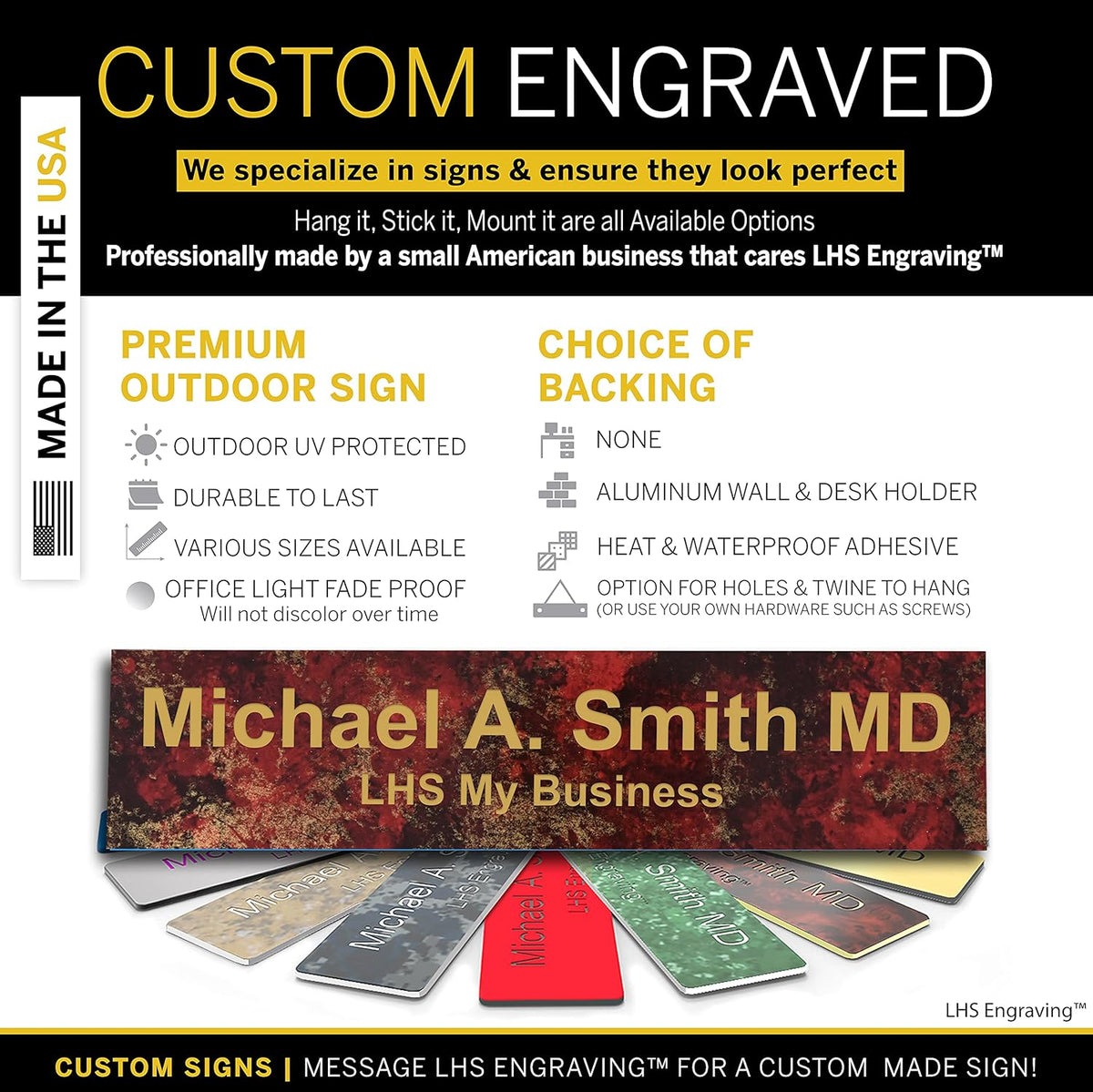 Engraved Name Plates for Door Sign Personalized Rustico Granite Pattern Plastic Plaque with Gold Letters - Made in USA 2x12 S7