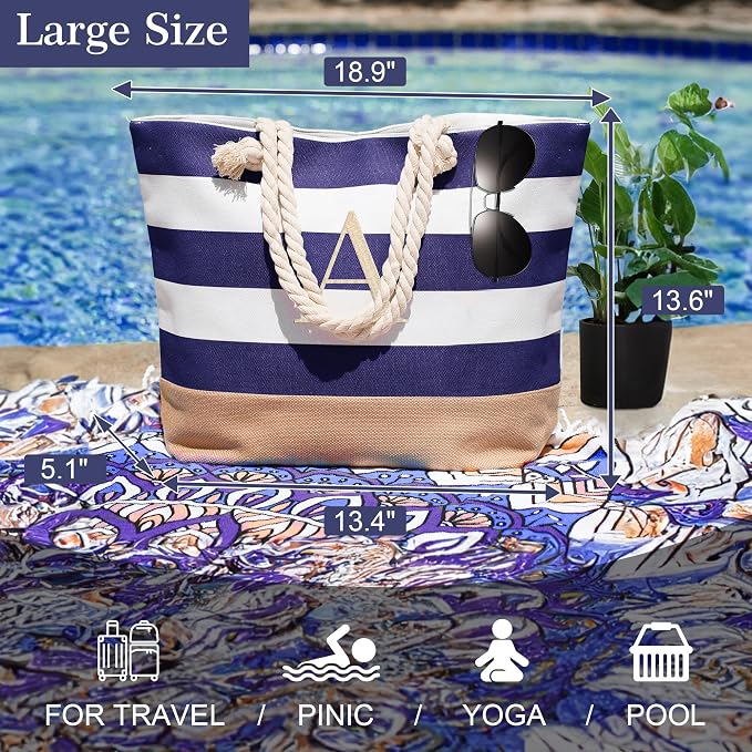 YOOLIFE Initial Canvas Waterproof Beach Tote Bag Zipper Personalized Gifts
