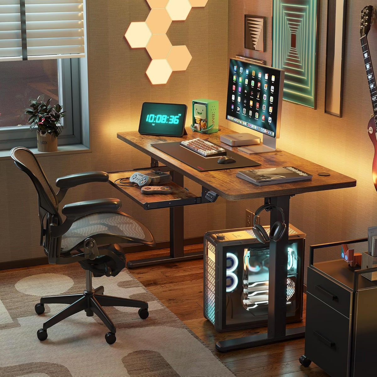 FEZIBO Standing Desk with Keyboard Tray, 60 x 24 Inch Adjustable Height Sit Stand Desk with Memory Presets for Home Office, Ergonomic Computer Workstation, Rustic Brown
