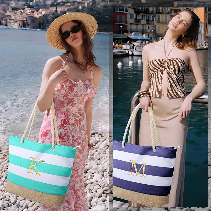 YOOLIFE Initial Canvas Waterproof Beach Tote Bag Zipper Personalized Gifts