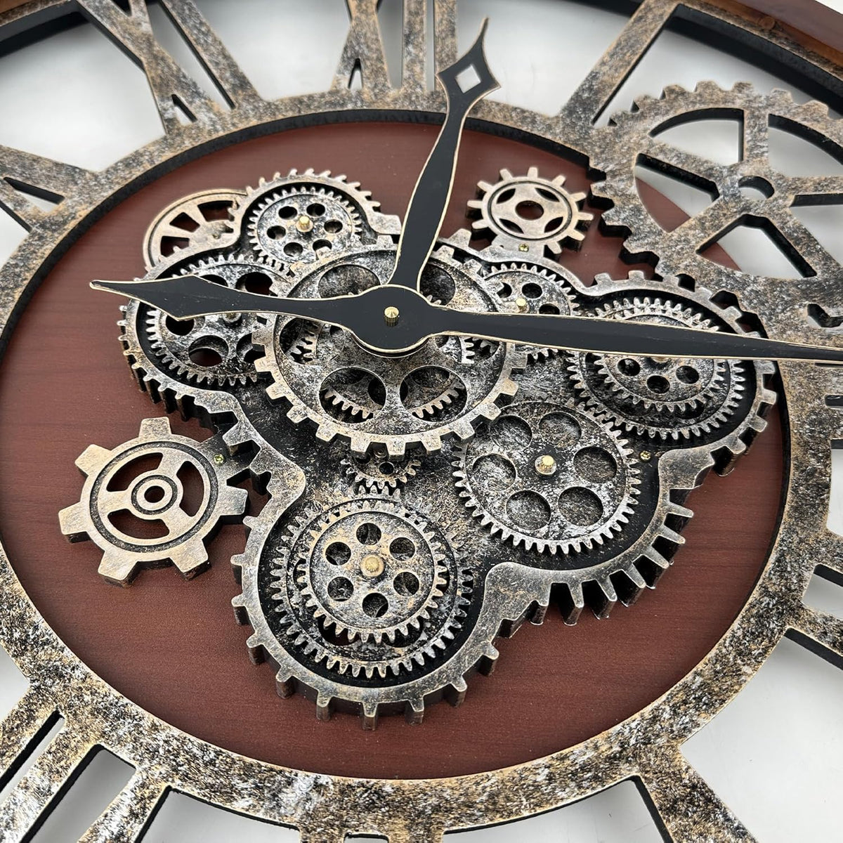 The B-Style Large Real Moving Gears Wall Clock 30 inch Rustic Retro Industrial Farmhouse Wood Clock Oversized Decorative Vintage Wall Clocks for Living Room (Walunt Wood and Bronze)