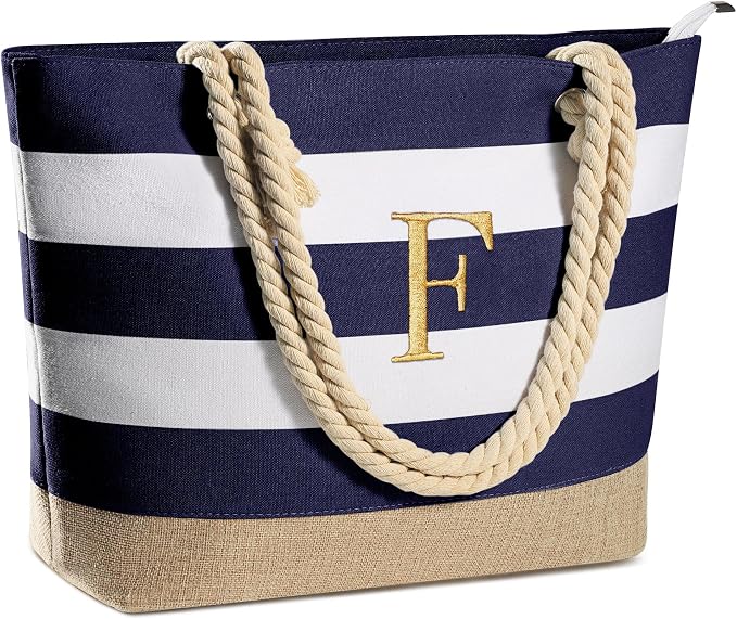 YOOLIFE Initial Canvas Waterproof Beach Tote Bag Zipper Personalized Gifts