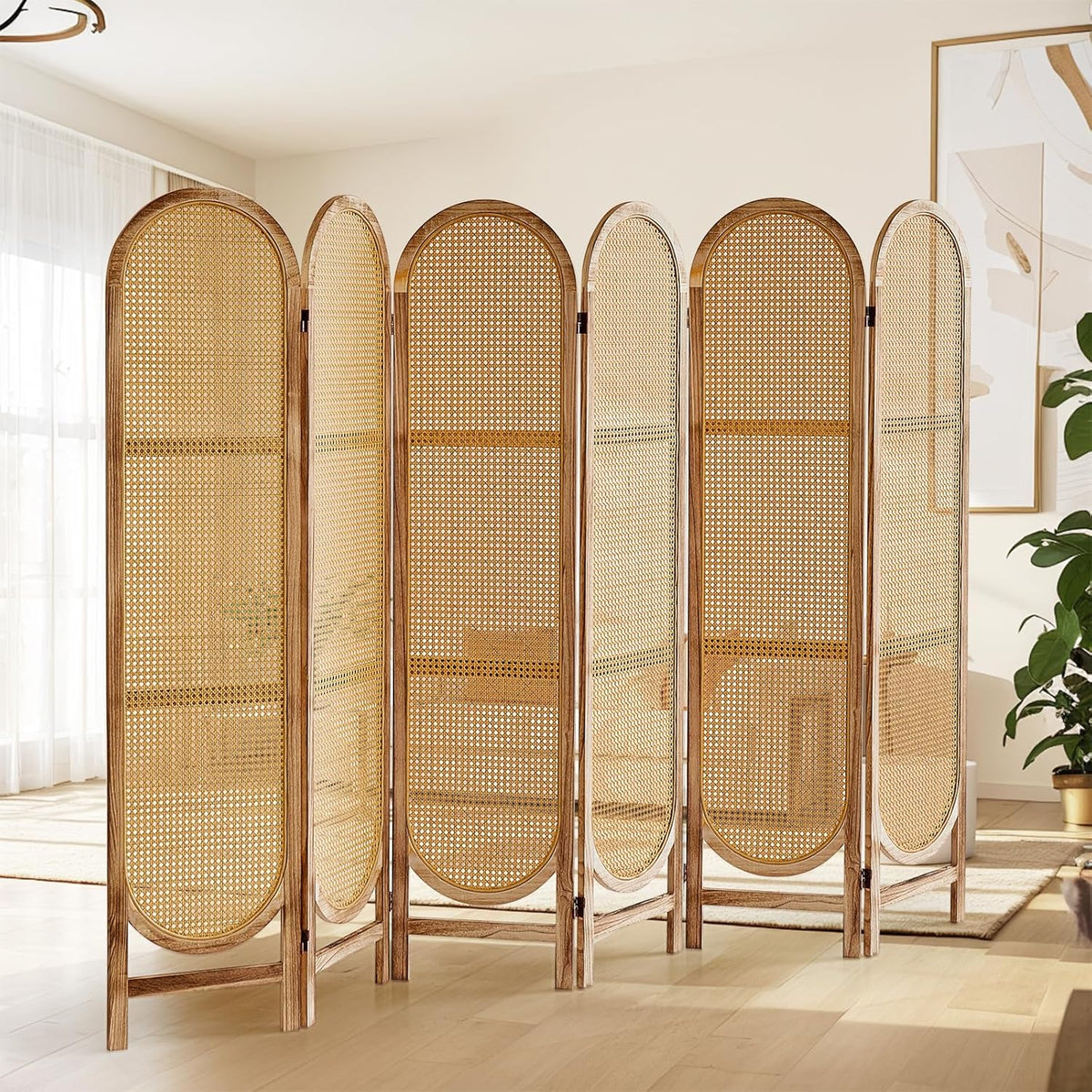 6 Panels Room Dividers and Hand-Woven Rattan Room Divider Wall, Wood Room Divider Folding Privacy Screens for Home Office Bedroom, Light Brown