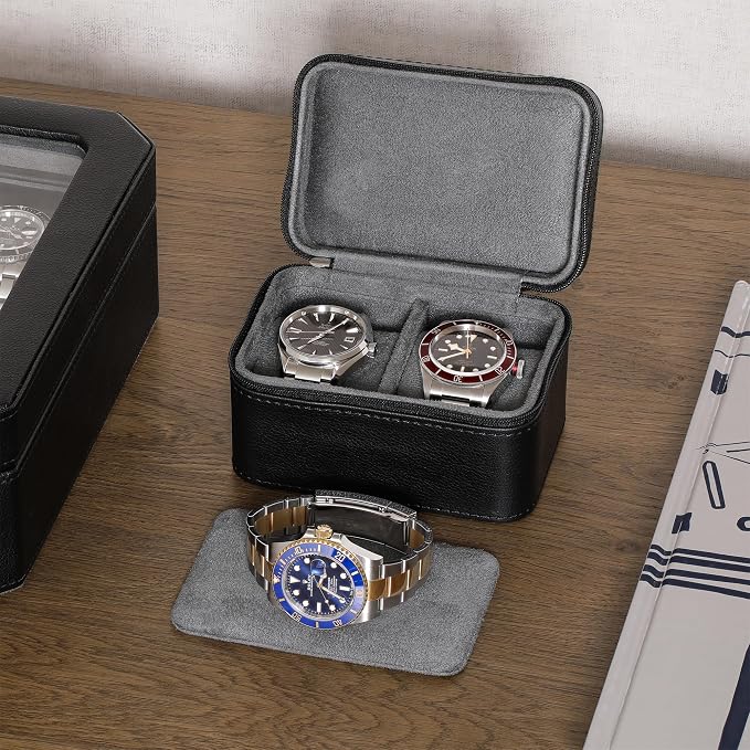 ROTHWELL 2 Watch Travel Case for Men | Compact PU Leather Protective Box