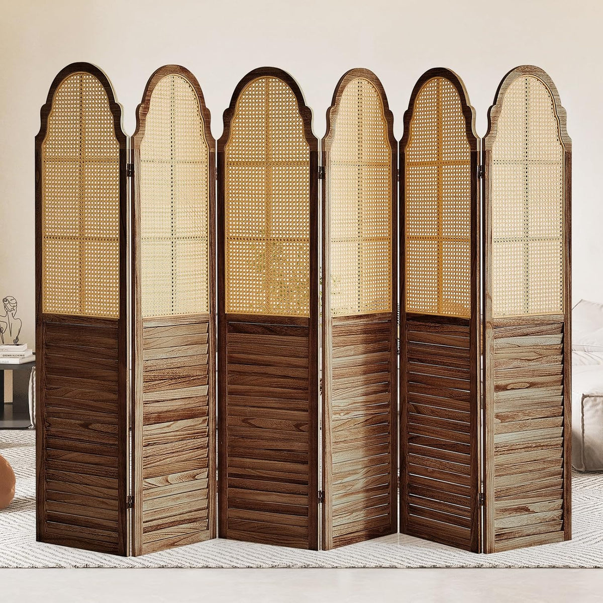 6 Panel Rattan Room Divider Panel, 5.6Ft Partitions and Dividers, Louvered Partition Divider, Room Dividers Screen, Solid Wood Frame, Folding Screen, Bedroom, Family Room, Dark Brown