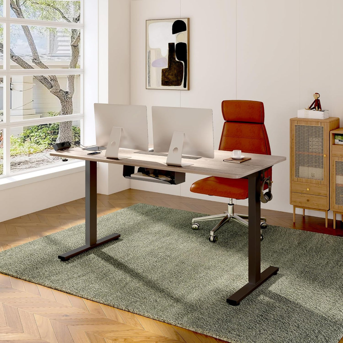 FLEXISPOT EN2 Whole-Piece Standing Desk with Clamp Power Strip, 48 x 30 Electric Stand Up Height Adjustable Desk with Cable Management (Black Frame + 48" Gray Wood Grain Desktop, 2 Packages)