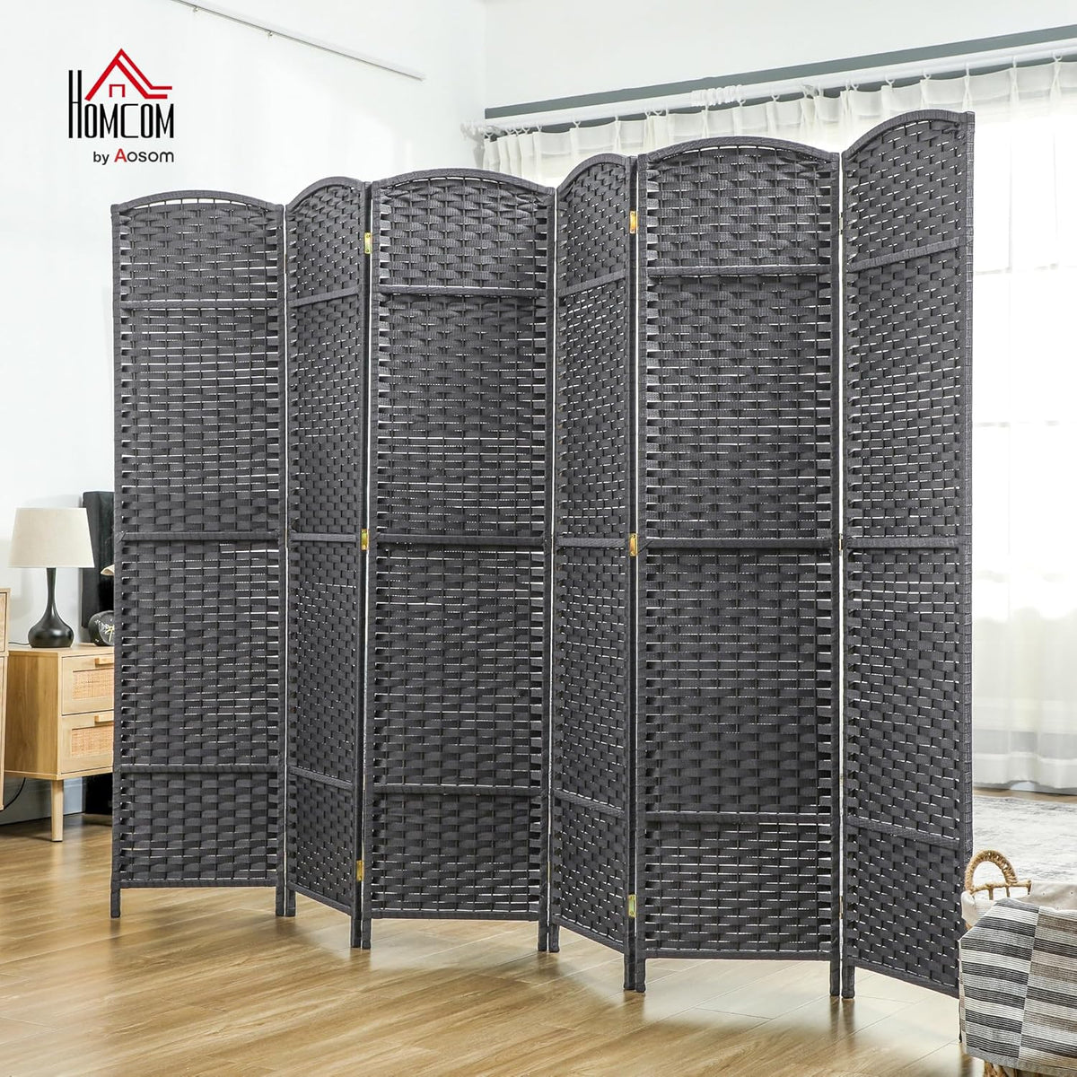 HOMCOM Room Divider, 6 Panel Folding Privacy Screen, 5.6' Tall Freestanding Wall Partition for Home Office, Bedroom, Charcoal Gray
