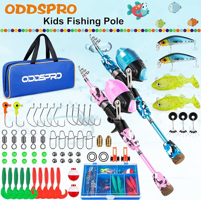ODDSPRO Kids Fishing Pole Pink, Portable Telescopic Fishing Rod and Reel Combo
