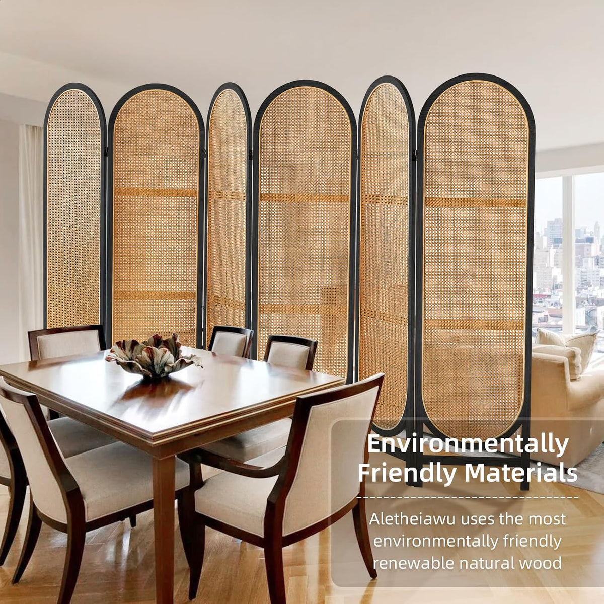 5.9 Ft Tall Rattan Room Divider 6 Panels, Wood Room Divider Panel, Folding Screen Divider Wall, Folding Privacy Screen, Portable Wall Divider for Room Separation Home Office - Black