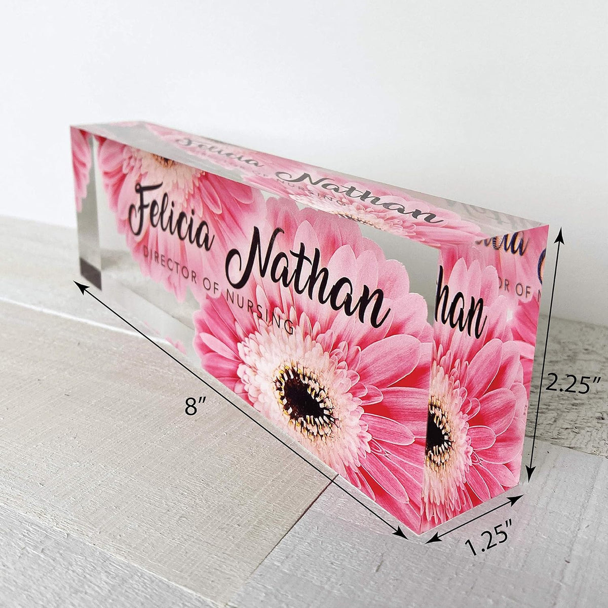 Artblox Office Desk Name Plate Personalized | Custom Name Plates for Desks | Pink Daises Design On Clear Acrylic Glass | Office Desk Decor - (8" x 2.5")