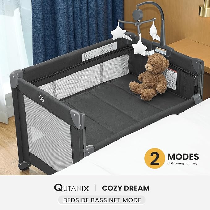 2-in-1 Pack and Play with Mattress, Baby Bassinet Bedside Sleeper, Bedside