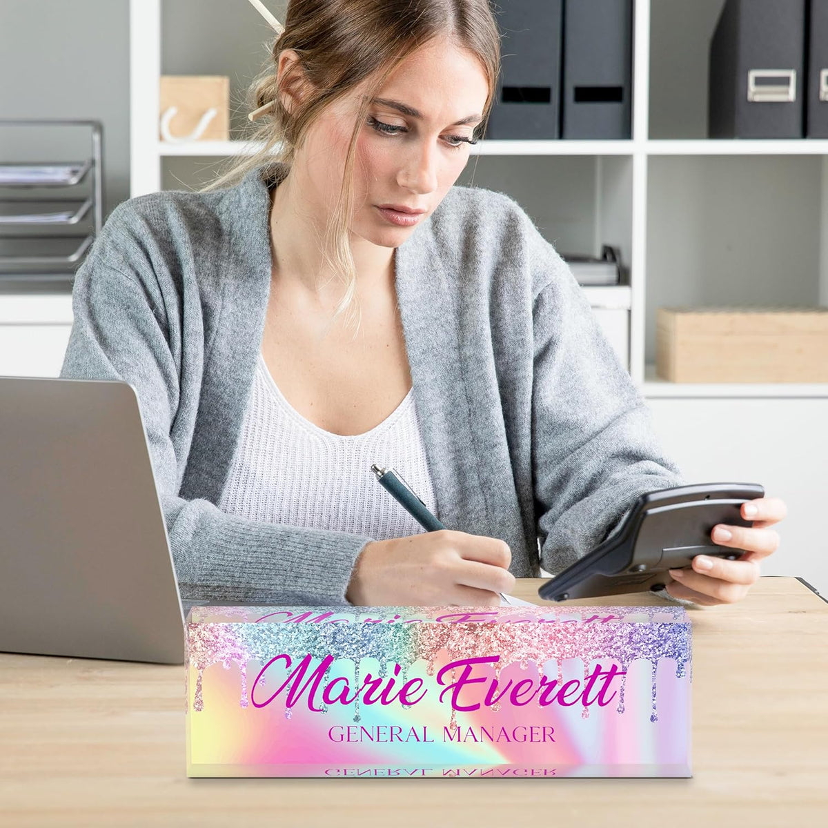 Personalized Name Plate for Desk, Custom Desk Name Plate, Acrylic Name Plate Office Desk Accessories, Personalized Office Gifts for Coworkers Teachers, Employee Appreciation Gifts (B-Colored Crystal)