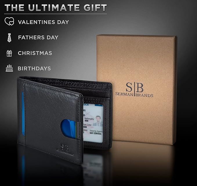 SERMAN BRANDS RFID Blocking Slim Bifold Genuine Leather Thin Minimalist Front