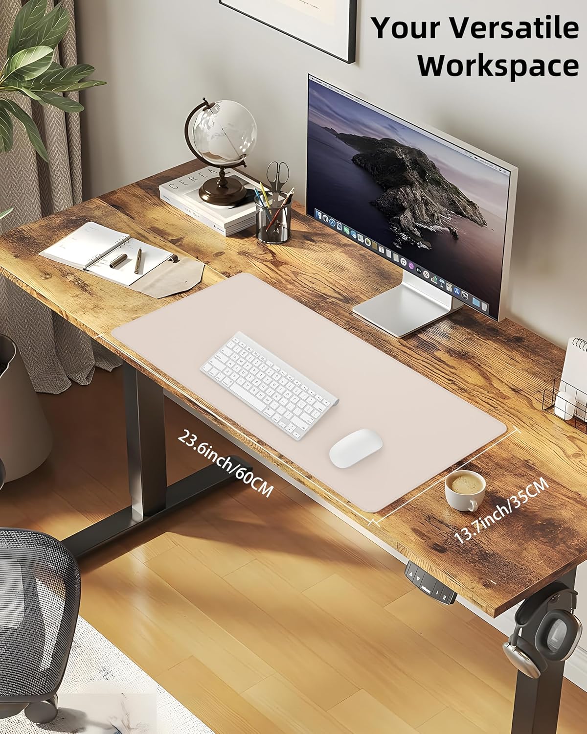 Desk Pad Mat 23.6"x13.7" - Waterproof Mouse Pad & Desk Protector, Non-Slip PU Leather for Gaming Keyboard/Mouse, Stitched Edge XL Office Desk Pad with Ergonomic Support(Beige)