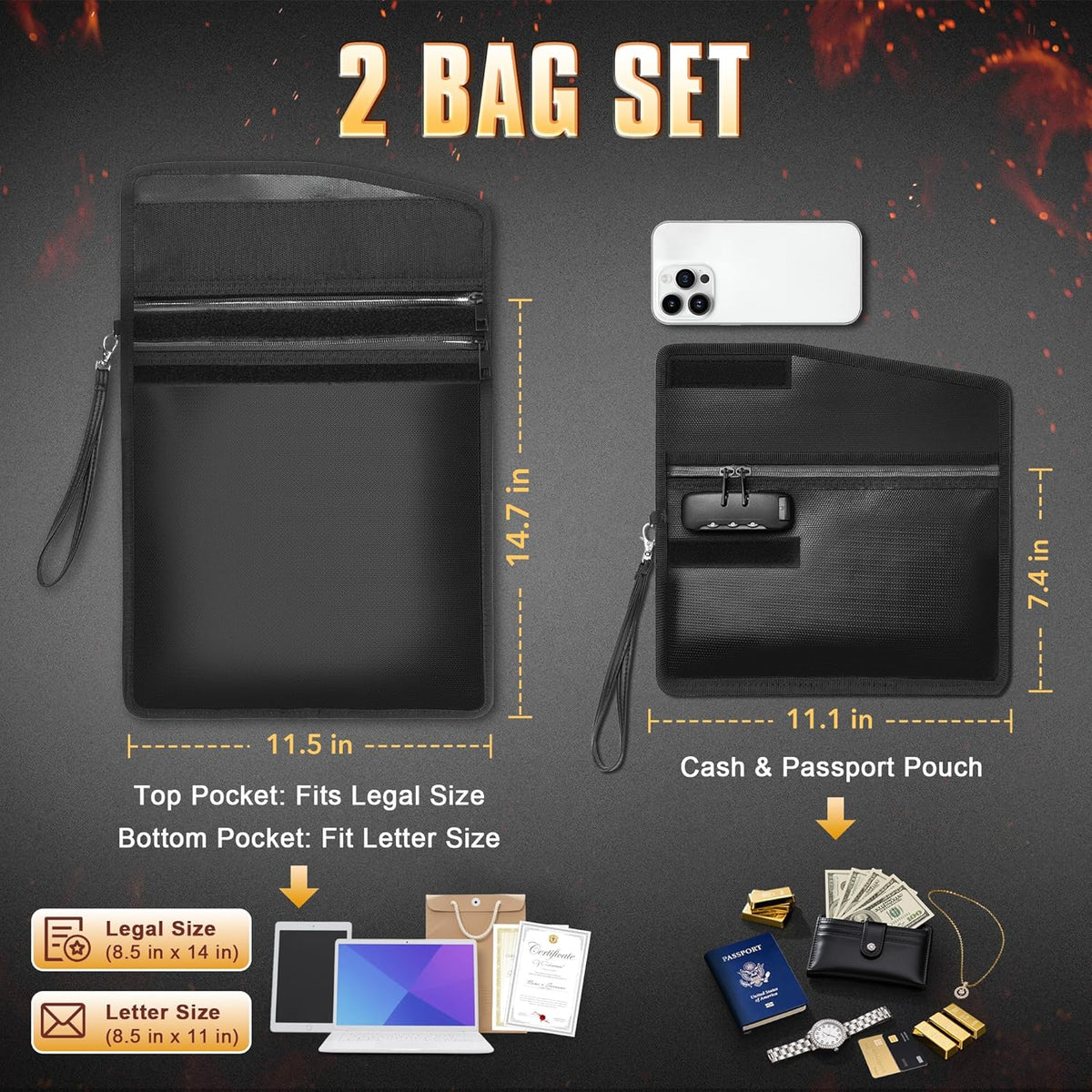 Upgraded Fireproof Document Bag Set with Lock, 6200°F Fire Resistance & Reflective Design, Dual Bag Set with Zipper (14.7"x11.5" & 11.1"x7.4") for Cash, Passport & Money Pouch