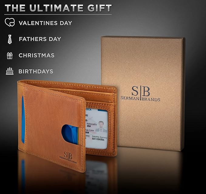 SERMAN BRANDS RFID Blocking Slim Bifold Genuine Leather Thin Minimalist Front