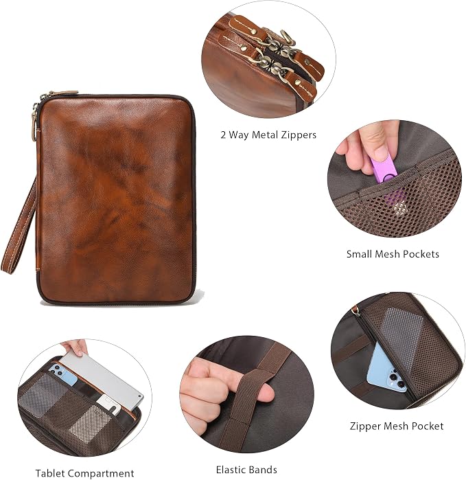 LANNSYNE Full Grain Leather Travel Cable Accessories Bag, Electronic Organizer